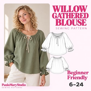 Puede incluir: Un patrón de costura para la blusa Willow Gathered Blouse, que presenta una parte superior de color verde oliva de manga larga con escote fruncido y cierre de lazo. La imagen incluye un dibujo técnico de la blusa y el texto Willow Gathered Blouse 6-24.
