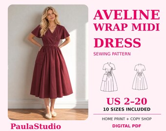 Aveline wikkeljurk naaipatroon (PDF), vintage midi-jurk met korte mouwen en opgestikte zak, Amerikaanse maten 2-20, cupopties A-H