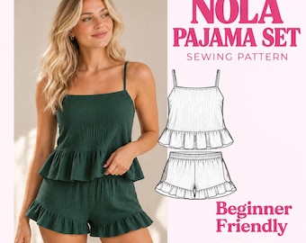 Naaipatroon voor een damespyjama met ruches (PDF, maten XS-XL, direct te downloaden)