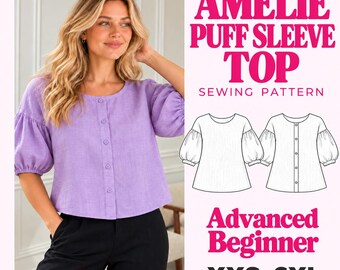 Naaipatroon voor een top met pofmouwen, blouse met knoopsluiting en trui, maten XXS-6XL, Amelie
