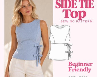 Naaipatroon voor een top met strik aan de zijkant, mouwloos zomerse wikkeltop PDF-patroon, eenvoudige blouse met korset en strik in de taille, tanktop met ronde hals voor dames (voor beginners)