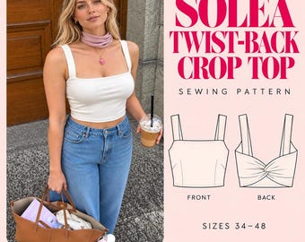 Naaipatroon voor een crop top met gedraaide rug, gebreide top met vierkante hals, zomertop (PDF), maten 34-48, Solea