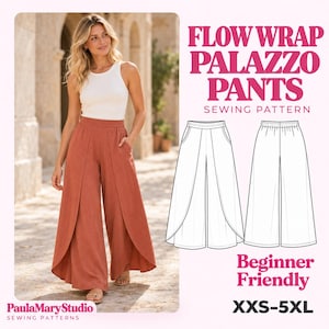 Puede incluir: Un patrón de costura para pantalones palazzo cruzados con una camiseta sin mangas blanca y pantalones anchos de color óxido con frente cruzado. La imagen incluye dibujos técnicos de los pantalones, el texto FLOW WRAP PALAZZO PANTS y XXS-5XL.