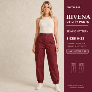 May include: A digital PDF sewing pattern for Rivena utility pants in sizes 0-32. The image shows a person wearing a cream-colored sleeveless top and deep red utility pants with large side pockets, a high waist, and cuffed ankles.