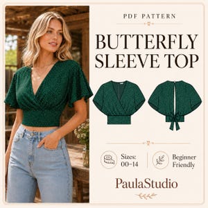 May include: A PDF pattern for a butterfly sleeve top by PaulaStudio. The design features a dark green wrap-style top with white polka dots, short flutter sleeves, and a tie-back detail. The pattern includes sizes 00-14 and is beginner friendly.