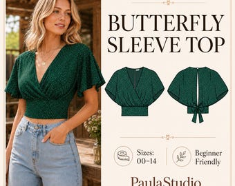 Naaipatroon PDF voor een top met vlindermouwen, wikkelblouse met V-hals, crop top met strik op de rug, zomertop voor dames, maten XXS–L