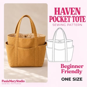 Op de afbeelding: Een mosterdgele tote bag met twee hengsels, buitenzakken en een wit met gele gingham voering. De tekst luidt Haven Pocket Tote Sewing Pattern, Beginner Friendly, One Size en PaulaMaryStudio Sewing Patterns.