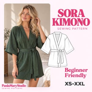 May include: A dark green kimono-style robe with wide sleeves and a matching tie belt. The image includes the text SORA KIMONO SEWING PATTERN, Beginner Friendly, and XS-XXL, alongside a black and white line drawing of the garment design.