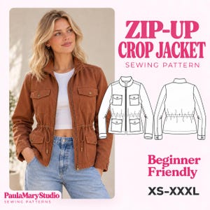 May include: A rust-coloured zip-up crop jacket with a stand collar, long sleeves, and four front pockets. The design includes a drawstring waist and a front zip. Text reads: ZIP-UP CROP JACKET SEWING PATTERN, Beginner Friendly, XS-XXXL.