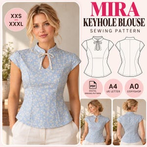 Mira Keyhole Blouse Sewing Pattern PDF, Mandarin Collar Top, Cap Sleeve Blouse, Darted Woven Shirt Pattern, XXS-3XL, A4 US Letter A0