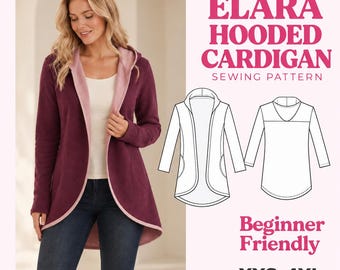 Naaipatroon voor een Elara vest met capuchon, openvallend jasje voor dames (PDF), patroon voor een vest met capuchon, maten XXS-4XL, A0 + printen thuis