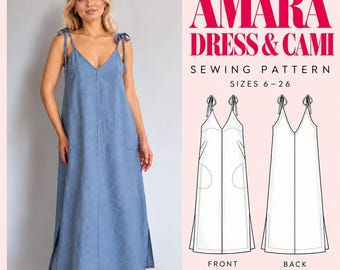 Amara Midi Maxi Jurk & Cami Naaipatroon, Linnen Zomerjurk met V-hals en Strikbandjes, PDF Download, Maten 6–26