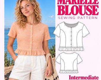 Marielle blouse naaipatroon, top met knoopsluiting aan de voorkant en ruches of een rechte zoom, maten A-H