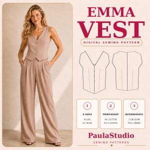 Könnte beinhalten: Ein digitales Schnittmuster für die Emma Weste, bestehend aus einer beigen V-Ausschnitt-Weste mit drei Knöpfen und passender weiter Hose. Die Grafik enthält technische Strichzeichnungen, sechs Größen von XS-2XL, druckfertige A4/Letter/A0-Formate und 1 cm Nahtzugabe.