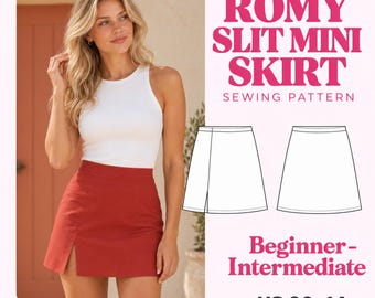 Romy minirok met split naaipatroon (PDF), hoge en lage taille, 3 lengtes, maten UK 2-18, US 00-14, A0/A4 Letter, gelaagd