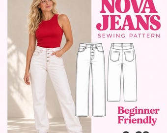 Eenvoudig naaipatroon voor een Nova jeansbroek (PDF) voor dames | Geschikt voor beginners | Broek met wijde pijpen | XS–XXXL | Direct digitaal te downloaden