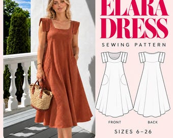 Elara jurk naaipatroon, midi-, maxi- en mini-jurk & tuniek, linnen jurk met ronde hals en zakken, beginners PDF, maten 6–26