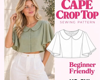 Naaipatroon voor een cape crop top (PDF), blousepatroon met Peter Pan-kraag, damescapelet, naaipatroon voor beginners, XS-5XL