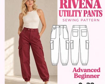 Rivena Utility Cargo Pants naaipatroon (PDF), dames cargobroek, maten 0-32, A4 (VS Letter) of A0, standaard en volledig zitvlak.
