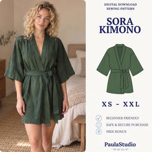 May include: A digital download sewing pattern for a Sora Kimono, featuring a dark green wrap-style robe with wide sleeves and a tie waist. The graphic includes the text Sora Kimono, XS - XXL, and PaulaStudio, showcasing a green garment illustration.