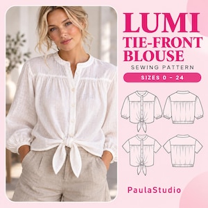 May include: A white tie-front blouse sewing pattern titled LUMI TIE-FRONT BLOUSE SEWING PATTERN SIZES 0 - 24 by PaulaStudio. The image displays a white long-sleeved button-down blouse with a tie-front detail and technical line drawings of the garment.