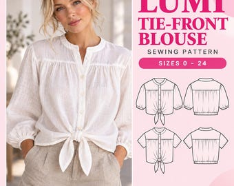 LUMI Blouse met strik aan de voorkant, geplooide top met knoopsluiting, linnen damesblouse (PDF), maten 0-24, direct te downloaden