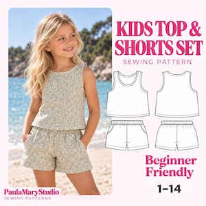 May include: A sewing pattern for a kids top and shorts set, featuring a floral print sleeveless top and matching elastic waist shorts. The design includes technical line drawings of the front and back views, with text reading Kids Top & Shorts Set, Beginner Friendly, 1-14, and PaulaMaryStudio Sewing Patterns.