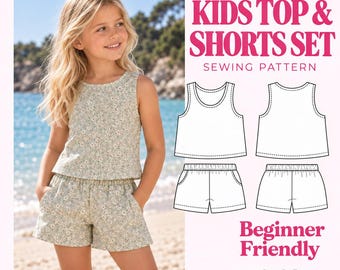 Naaipatroon PDF voor een setje met topje en short voor kinderen, zomerse set voor meisjes, kleding voor beginners: paperbag short en tanktop, maten 1-14, direct te downloaden.
