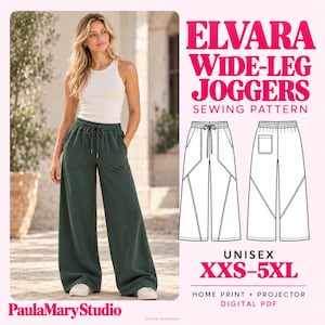 Op de afbeelding: Elvara wide-leg jogger naaipatroon voor maten XXS-5XL. De digitale PDF bevat bestanden voor thuis printen en projector. Het ontwerp toont een wit hemdje en een donkergroene wijde joggingbroek met een trekkoord in de taille.