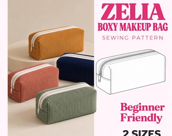 Patroon voor een make-uptasje, naaipatroon voor een cosmetische accessoiretas, naaipatroon voor een gewatteerde toilettas, patroon voor een vierkante etui met rits, toilettas PDF, reistas