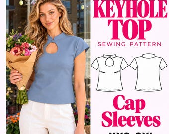 Naaipatroon PDF voor een top met keyhole-uitsparing, mandarijnkraag en korte mouwen, XXS-3XL, Selia