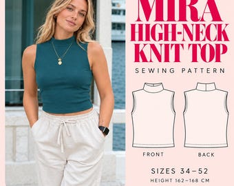 Mira Top met hoge hals naaipatroon, mouwloze gebreide top (PDF), aansluitende tanktop met col, naaiproject voor beginners, maten 34-52