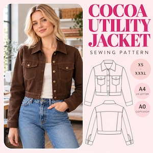 May include: A brown utility jacket with a collar, long sleeves, and two chest pockets with button closures. The front features a button-down placket. Next to the jacket is a sewing pattern labelled COCOA UTILITY JACKET with technical line drawings showing front and back views, size range XS to XXXL, and paper formats A4, US Letter, and A0.