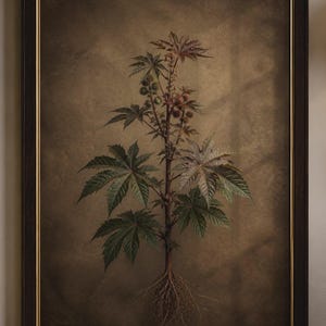Può includere: Una stampa botanica incorniciata che mostra l'illustrazione centrale di una pianta con radici, foglie e piccole bacche visibili su uno sfondo scuro e strutturato. L'opera è racchiusa in una cornice marrone scuro con un sottile bordo dorato.