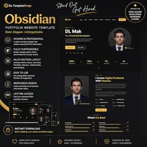 Puede incluir: Una plantilla de sitio web de portafolio digital titulada Obsidian, con un tema oscuro y detalles dorados. El diseño muestra una sección principal con foto de perfil, biografía profesional, barras de habilidades y datos de contacto en varios dispositivos.