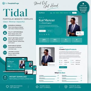 Op de afbeelding: Een Tidal portfolio website template met een blauwgroen en wit kleurenschema. De lay-out toont een professioneel profiel voor een motion designer genaamd Kai Mercer, inclusief secties voor diensten, vaardigheden en contactgegevens op desktop, tablet en mobiele schermen.