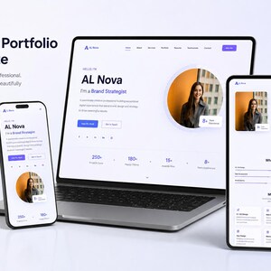 May include: A digital portfolio template displayed on a laptop, a tablet, and a smartphone. The screens feature the text AL Nova, Modern Portfolio Template, and various professional sections including services, experience, and project statistics.