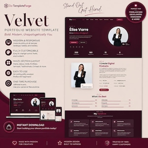 May include: A digital portfolio website template titled Velvet, featuring a dark burgundy and cream color scheme. The layout displays a professional profile for a motion designer named Elise Varre, including sections for services, skills, and contact information.