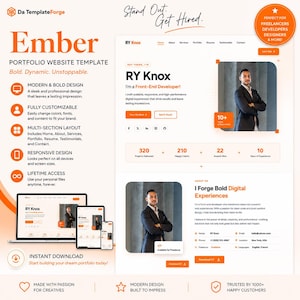 May include: A digital portfolio website template named Ember, featuring a modern layout with orange accents. The design includes sections for a bio, professional photo, project statistics, and contact details, displayed on desktop, tablet, and mobile screens.