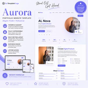 May include: A digital portfolio website template titled Aurora, featuring a clean layout with sections for a bio, projects, and skills. The design includes purple accents, a circular profile photo, and responsive mockups for a laptop, tablet, and smartphone.