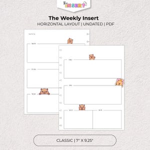 Puede incluir: Un inserto de planificador semanal blanco con diseño horizontal, con etiquetas de texto negro para los días de la semana e ilustraciones de capibaras. El documento está etiquetado como The Weekly Insert, Horizontal Layout, Undated, PDF, Classic, 17,78 cm x 23,5 cm.