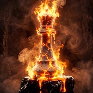 Puede incluir: Una pieza de ajedrez de reina hecha de piedra oscura y agrietada con lava naranja brillante fluyendo a través de las fisuras. La pieza está envuelta en llamas amarillas y naranjas, con material fundido goteando sobre una base de roca oscura.