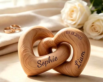 Cœurs en bois entrelacés personnalisés, noms du couple gravés, souvenir d'amour, cadeau d'anniversaire de mariage pour mari et femme