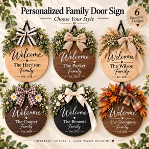 May include: Six circular wooden door signs featuring the text Welcome, a family name, and an established year. Each sign is decorated with greenery, flowers, and a fabric bow in various patterns and colours, including black and white stripes.