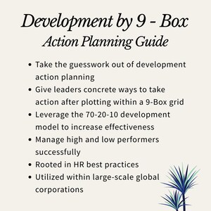Op de afbeelding: Een document getiteld Development by 9-Box Action Planning Guide met zwarte tekst op een lichte achtergrond. Het bevat zes opsommingstekens over ontwikkelingsplanning, het 70-20-10-model en HR-praktijken, met een kleine plantafbeelding.