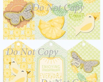 Digital Download Gift Tags Lemons and Birds Set of 6 Large Printable Scrapbook