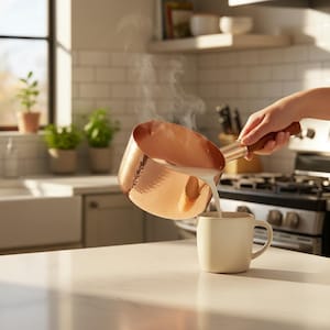 Peut inclure: Une casserole en cuivre martelé avec un manche en bois versant un liquide blanc fumant dans une tasse en céramique crème. La casserole présente une finition métallique et un bec verseur, tandis que la tasse est cylindrique avec une anse.