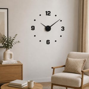 Könnte beinhalten: Eine Wanduhr mit einem zentralen schwarzen runden Uhrwerk und zwei langen, dünnen schwarzen Zeigern. Die Ziffern 3, 6, 9 und 12 sind in einer fetten schwarzen Schrift dargestellt, ergänzt durch kleine schwarze kreisförmige Markierungen.