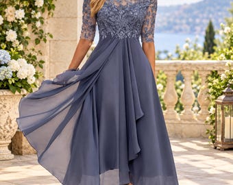 Abito midi da donna con corpetto in pizzo, elegante abito a trapezio, abito formale a maniche corte, abito svolazzante per occasioni speciali.