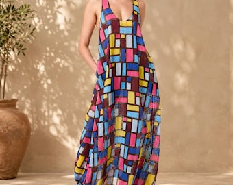 Ärmelloses Maxikleid mit geometrischem Muster für Damen, locker geschnittenes Boho-Sommerkleid, fließendes Strandkleid für den Urlaub